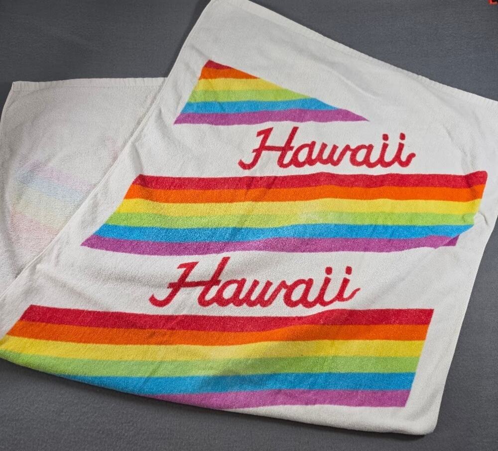 Vintage Rainbow Stripe Hawaii Souvenir Bath Hand Towel Retro 70s 80s